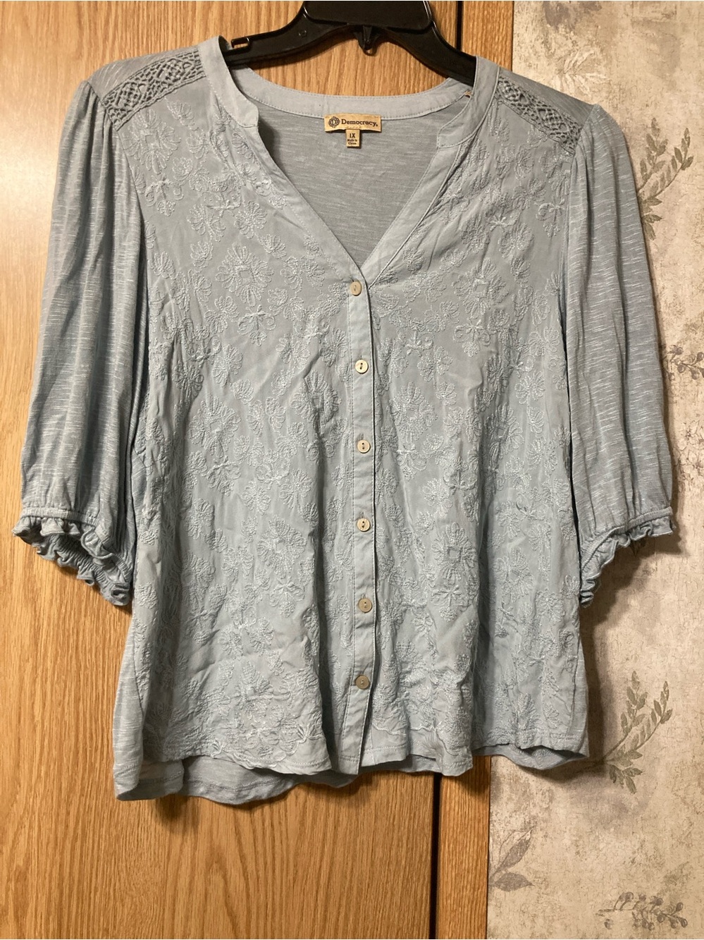 Democracy Light Blue Embroidered Button-Down Top